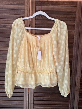 LC Lauren Conrad Pale Yellow Polka Dot Peasant Blouse